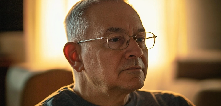 Older Gentleman with Glasses Looking Into the Distance with Sunset-Like Lighting
