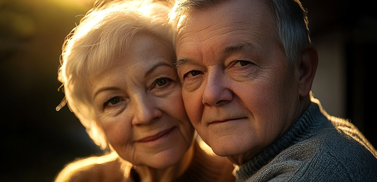 Older Couple Looking at Camera and Smiling with Sunset in Distance