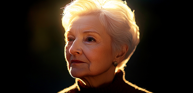 Older Woman Headshot Looking Into the Distance with Sunset-Like Lighting